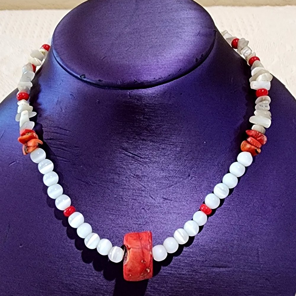 MCM White Abalone Mother of Pearl and Red Natural Stone Beaded Necklace